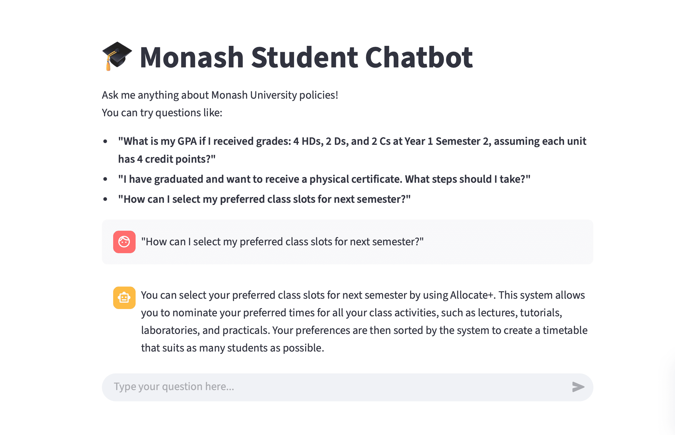 Monash FAQ chatbot screenshot from GitHub